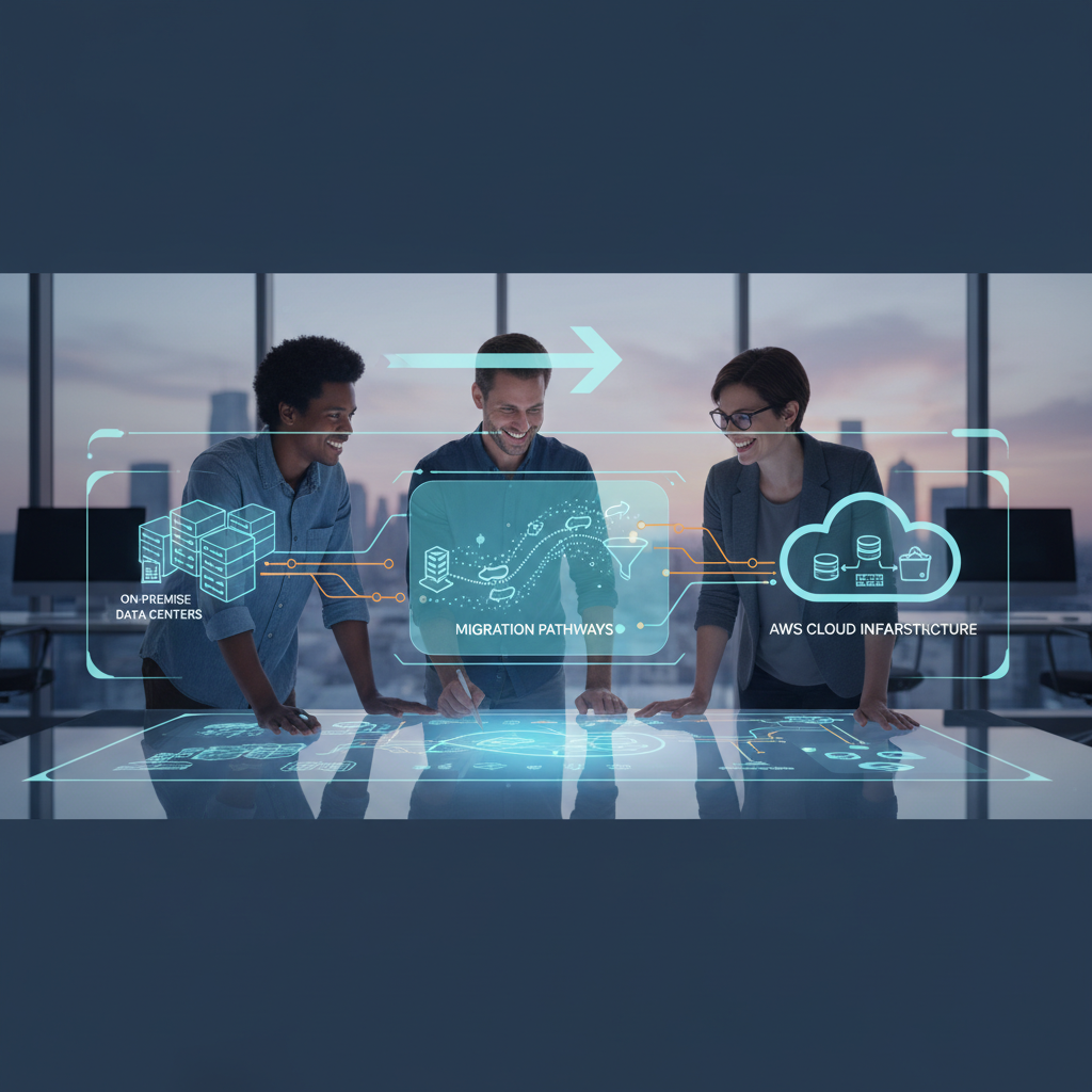 A team of cloud architects collaborating on a digital blueprint showing migration pathways from on-premise servers to AWS cloud infrastructure, with data flowing between them.