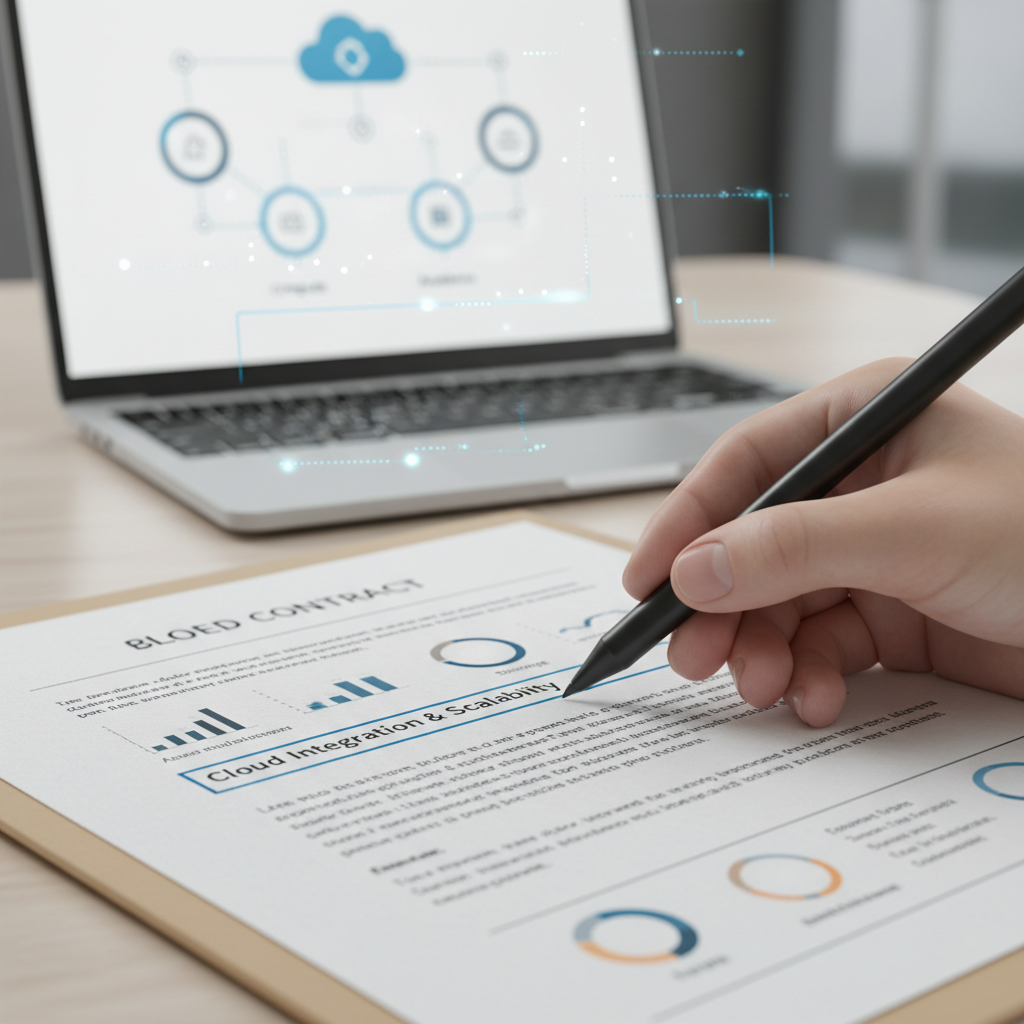 A close-up shot of a hand holding a pen, pointing at a section on a business contract or proposal, with a laptop showing cloud architecture diagrams in the background.