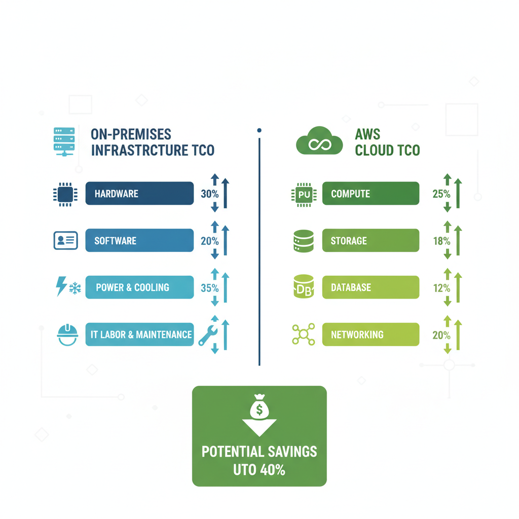 A comparative chart showing a breakdown of Total Cost of Ownership (TCO) for both on-premises infrastructure and AWS cloud, highlighting categories like hardware, software, power, and IT labor for on-premises versus compute, storage, database, and networking for AWS, with a clear indication of potential savings.