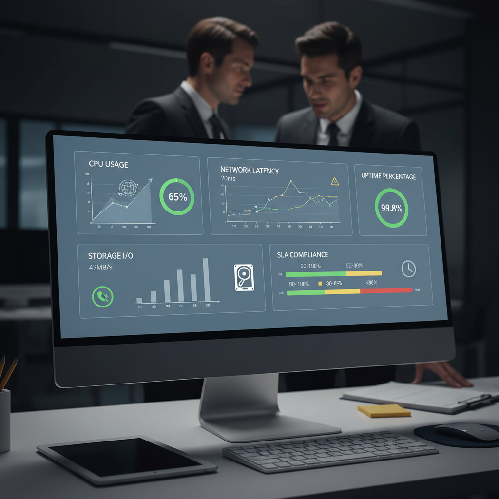 A dashboard displaying various cloud service performance metrics like CPU usage, network latency, storage I/O, and uptime percentages, with green, yellow, and red indicators for SLA compliance. The dashboard should look modern and professional, illustrating real-time data tracking for an MSP.