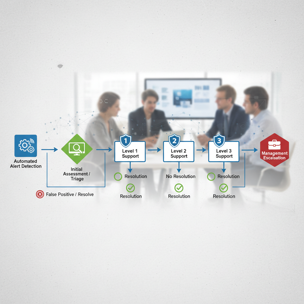A flowchart illustrating an IT incident escalation process, starting from automated alert detection, through level 1, level 2, and level 3 support teams, finally reaching management if the issue remains unresolved. Arrows and decision points should clearly show the flow.