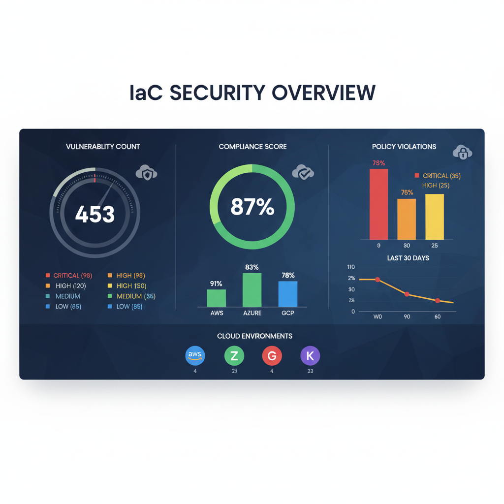 A dashboard showing various IaC security metrics like vulnerability count, compliance score, and policy violations across different cloud environments.