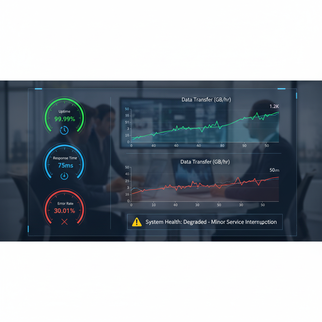 A dashboard displaying real-time cloud performance metrics with gauges for uptime, response time, and error rates, alongside trending graphs and alert notifications.