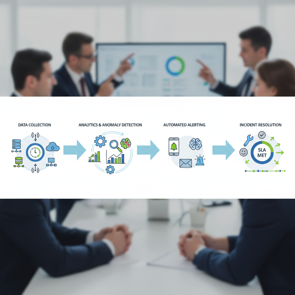 A flowchart illustrating the real-time SLA monitoring process, starting from data collection, through analytics and anomaly detection, to automated alerting and incident resolution.