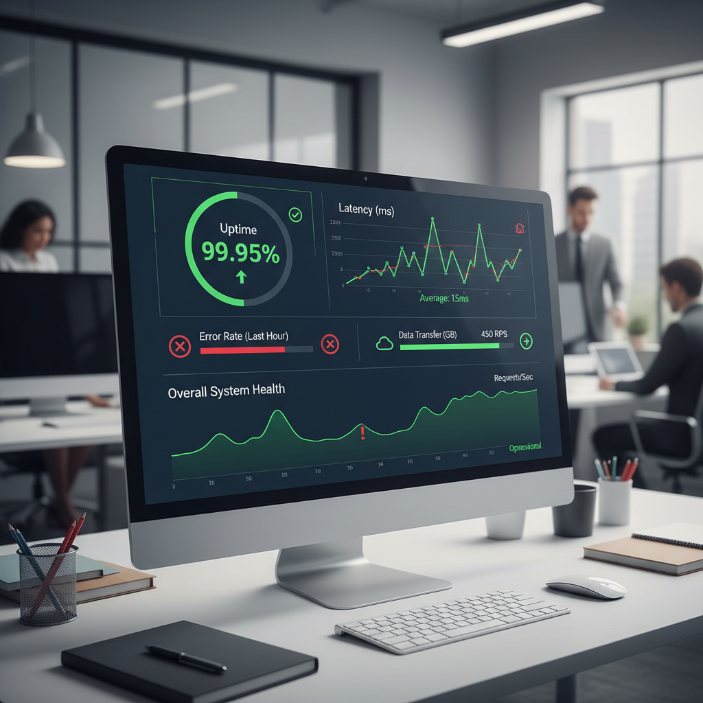 A dashboard showing various cloud performance metrics like uptime percentage, latency graphs, and error rates, with clear green (good) and red (alert) indicators.