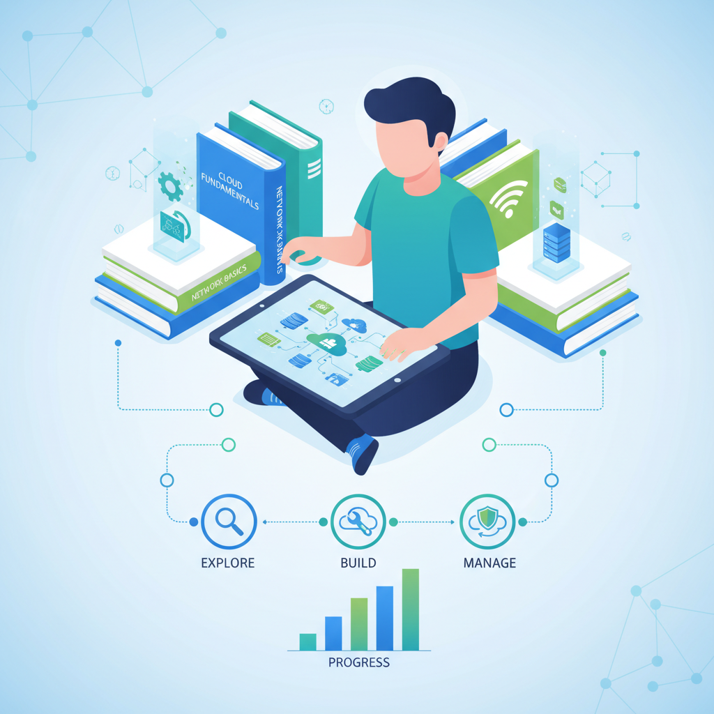 A person studying cloud architecture diagrams on a tablet, surrounded by various tech books, highlighting the initial learning phase of cloud management.