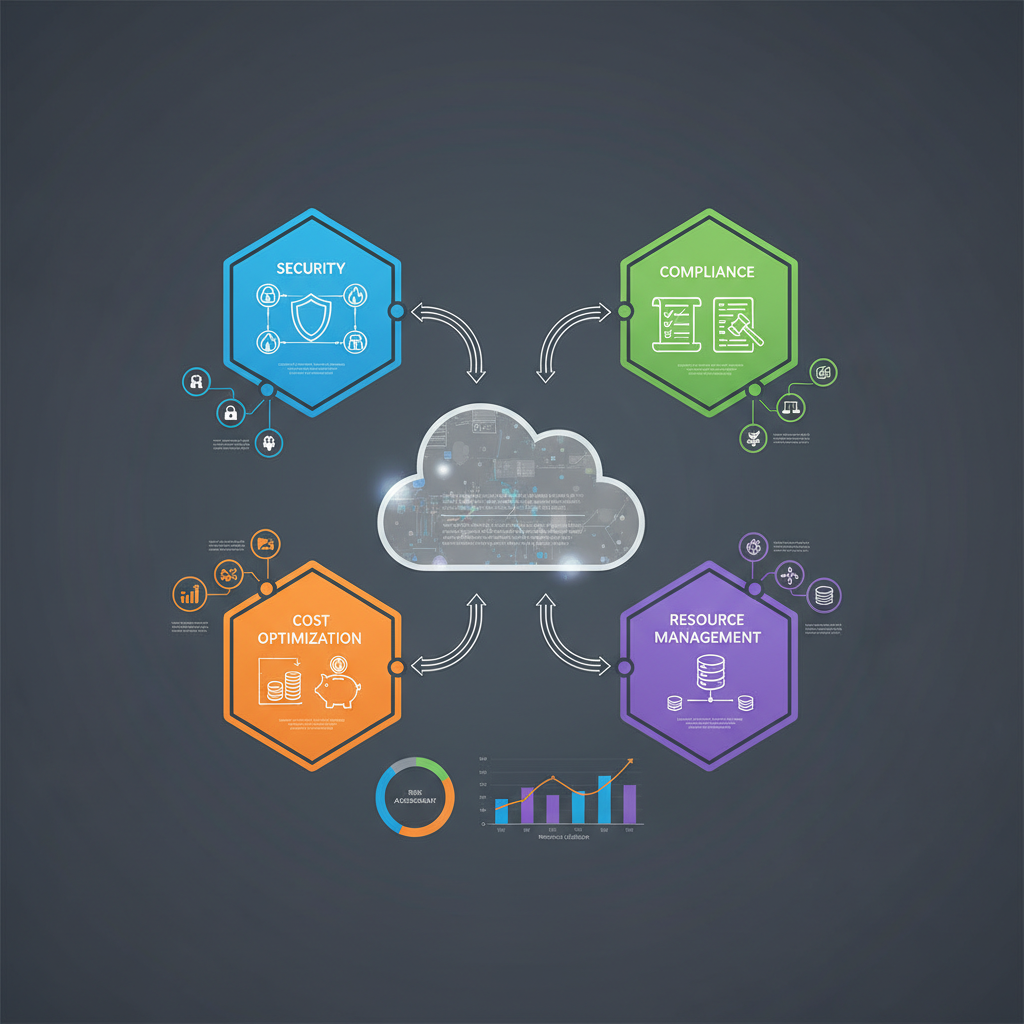 A complex diagram illustrating cloud governance frameworks with interconnected modules for security, compliance, cost optimization, and resource management.