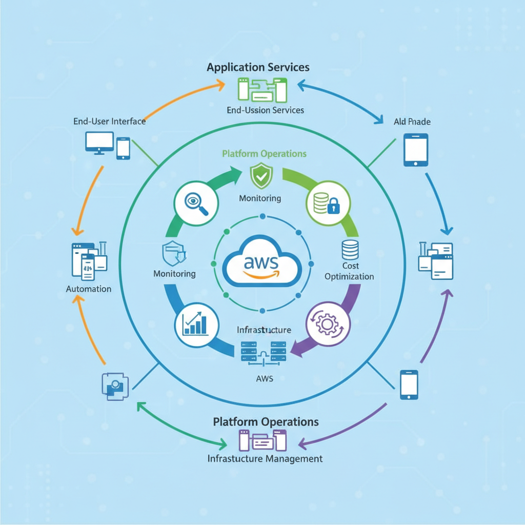 En detaljerad schematisk bild som visar olika lager av hanterade molntj&auml;nster AWS, med ikoner f&ouml;r &ouml;vervakning, s&auml;kerhet, kostnadsoptimering och automatisering, kopplade till en central AWS-molnikon.