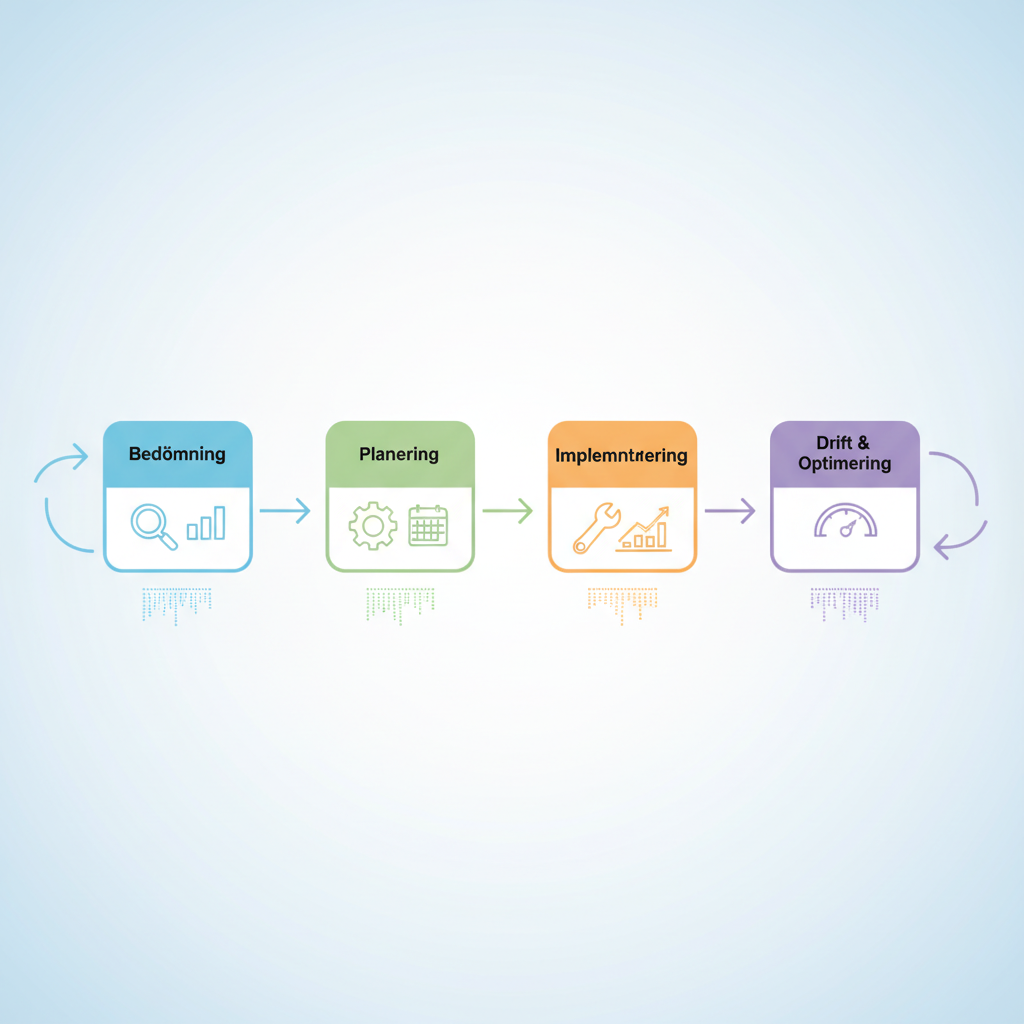 En enkel processfl&ouml;desbild som illustrerar de fyra stegen: Bed&ouml;mning, Planering, Implementering, och Drift & Optimering, med pilar som kopplar stegen sekventiellt.