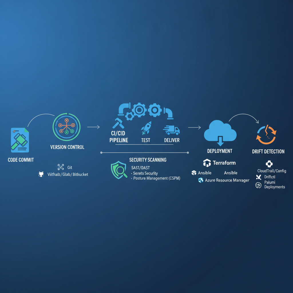 A detailed diagram showing the lifecycle of IaC management, starting from code commit, through version control, CI/CD pipeline, security scanning, deployment, and drift detection, with various tools represented at each stage.