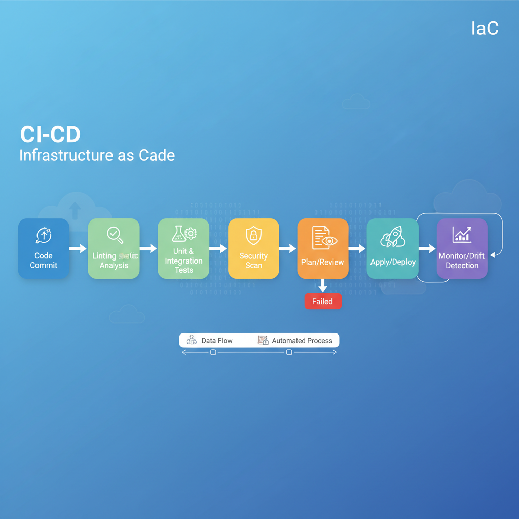 A flowchart illustrating a typical CI/CD pipeline for IaC, showing stages like 
