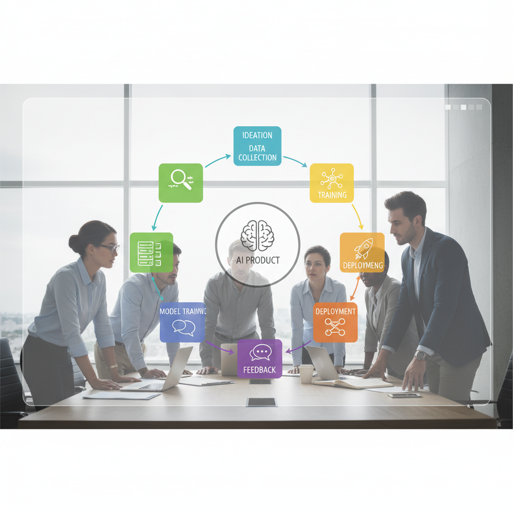 A flowchart illustrating the iterative nature of AI product development, showing stages like ideation, data collection, model training, deployment, and feedback loops.