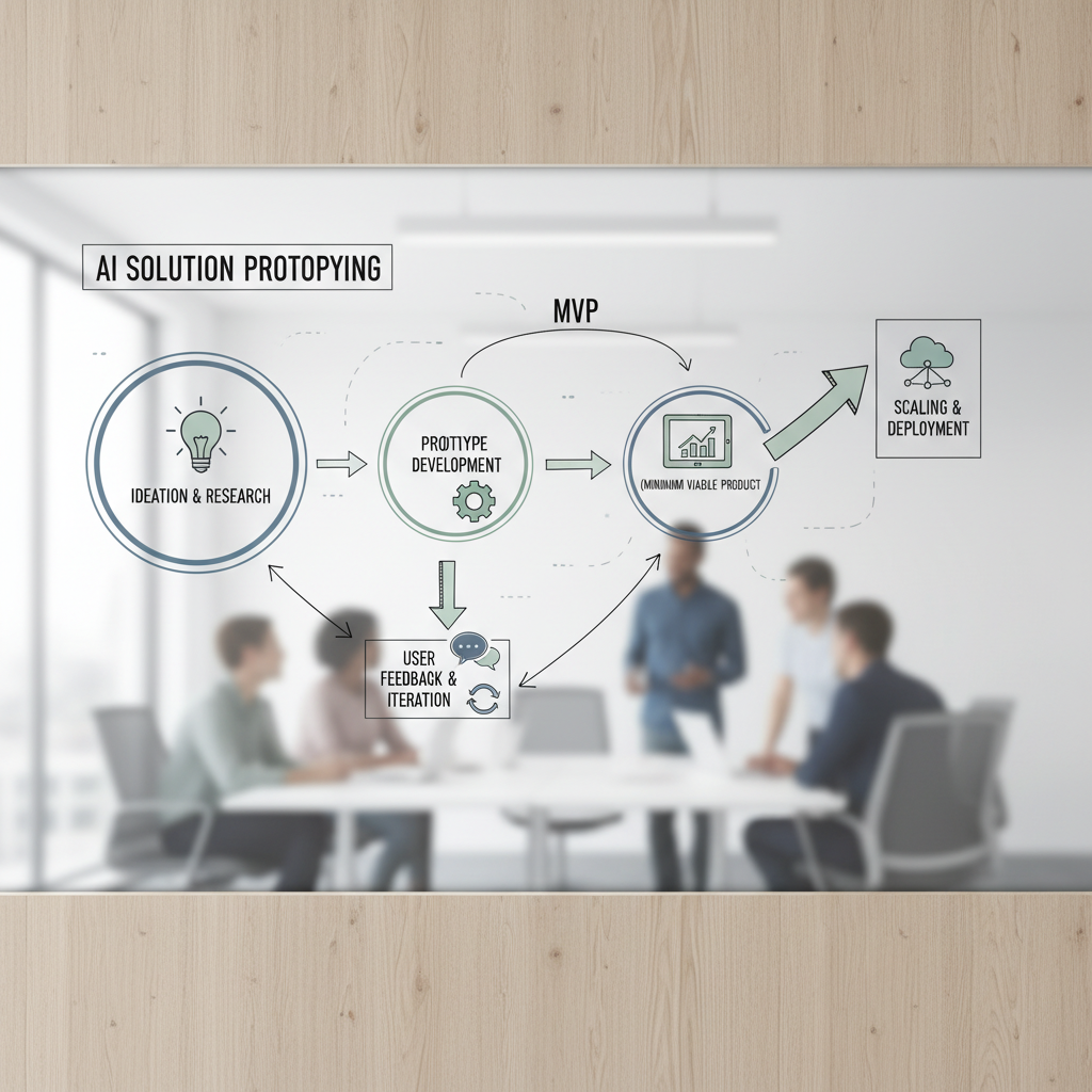 A diagram showing the iterative process of AI solution prototyping, from idea to MVP, user feedback, and then scaling.