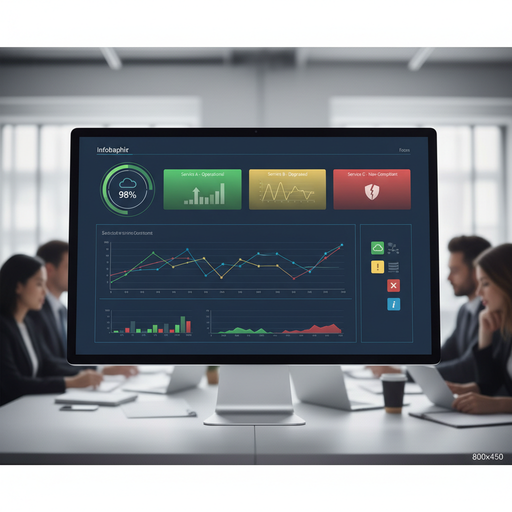 A dashboard displaying real-time cloud performance metrics with green, yellow, and red indicators for different services, showcasing a live view of system health and compliance.