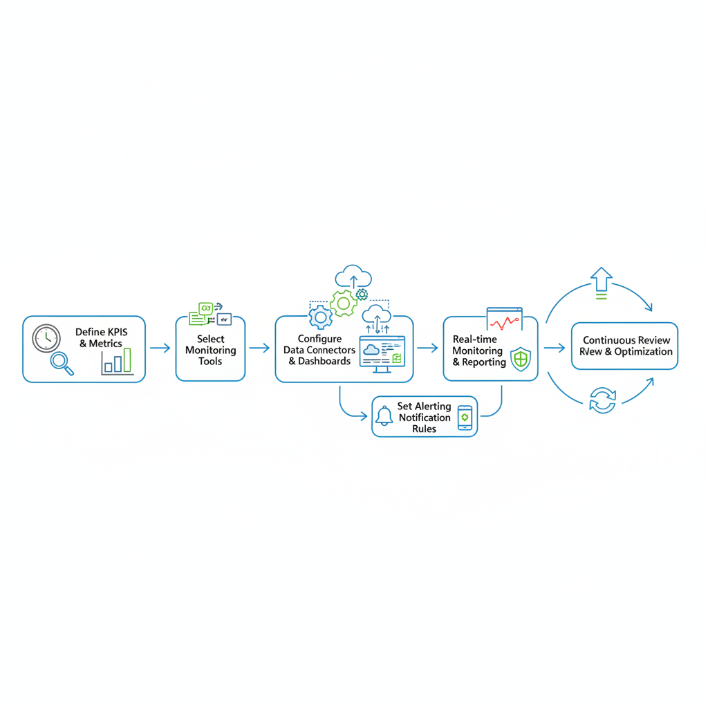 A flowchart illustrating the process of setting up real-time cloud SLA monitoring, from defining KPIs and selecting tools to configuring alerts and continuous review cycles.