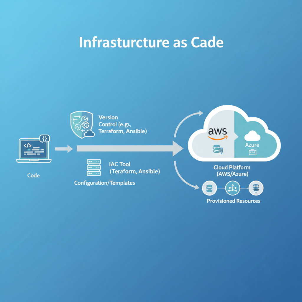 A diagram illustrating the IaC workflow, showing code being pushed to a version control system, then processed by an IaC tool, and finally provisioning resources on a cloud platform like AWS or Azure.