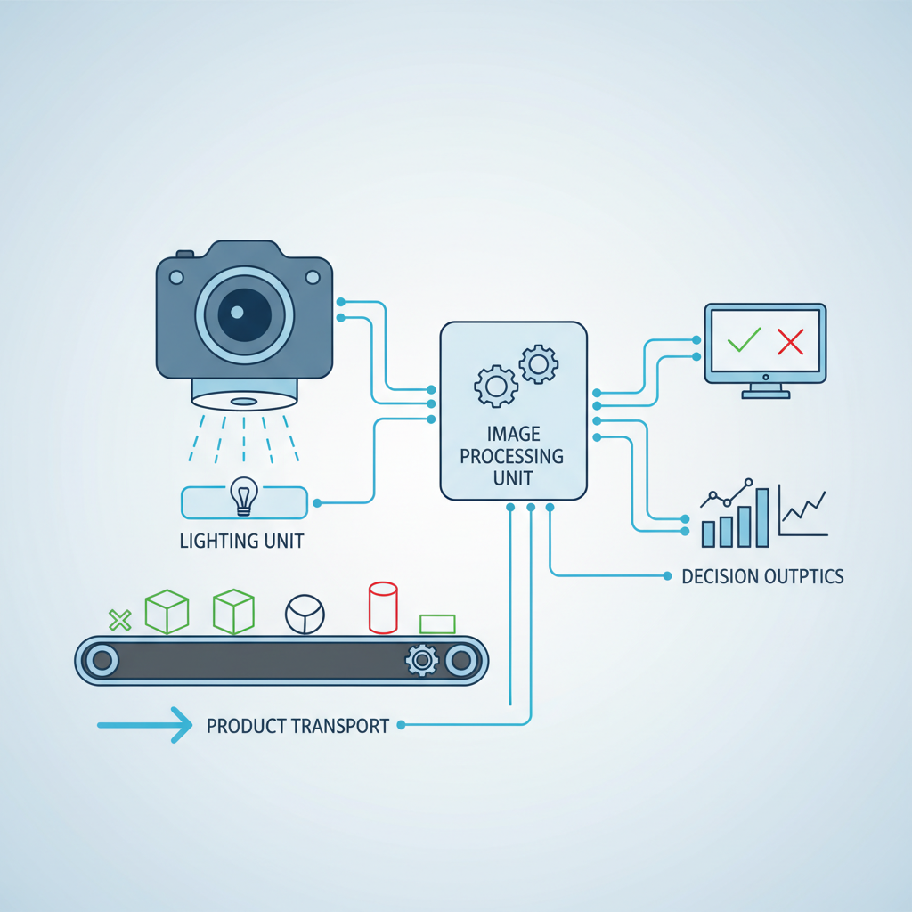 An intricate diagram illustrating the components of a Machine vision system, including a camera, lighting, lens, image processing unit, and a conveyor belt with products being inspected.