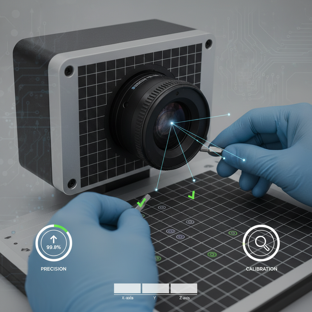 A close-up view of a technician carefully calibrating an industrial inspection camera with a grid pattern target, ensuring precise alignment and focus.