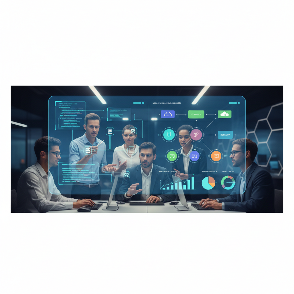 A diverse team of IT professionals collaborating around a large screen displaying Infrastructure as Code (IaC) scripts and cloud architecture diagrams, demonstrating teamwork and expertise in IaC management.