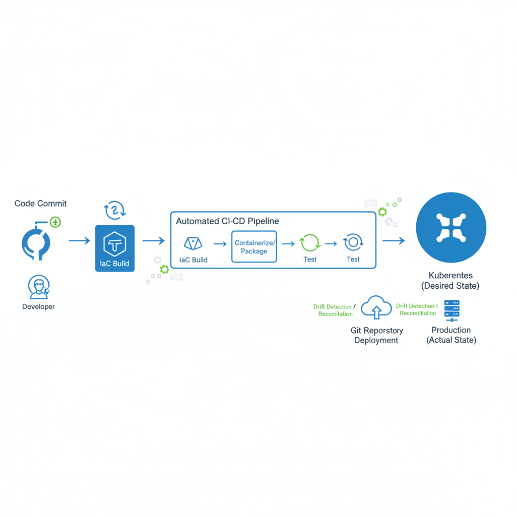 A flowchart illustrating the GitOps workflow, showing code commits, pull requests, automated CI/CD pipelines, and infrastructure deployment with icons representing various IaC tools like Git, Terraform, and Kubernetes.
