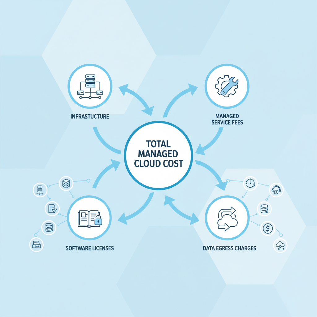 A detailed infographic illustrating various components contributing to the total cost of managed cloud, such as infrastructure, managed service fees, software licenses, and data egress charges, with arrows pointing to each element.