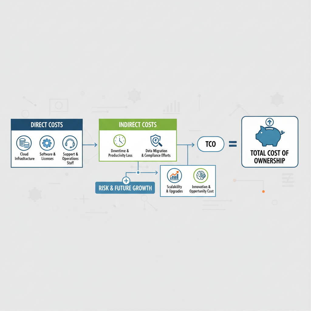 A flowchart illustrating the process of calculating Total Cost of Ownership (TCO) for managed cloud, starting from identifying direct costs, then adding indirect costs, and finally incorporating risk and future growth projections.