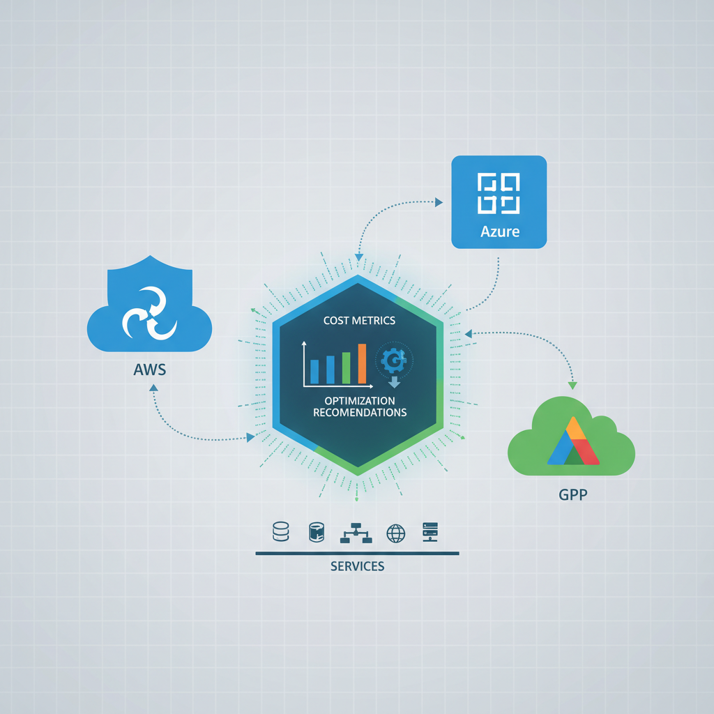 An infographic illustrating the multi-cloud architecture with different cloud provider logos (AWS, Azure, GCP) connected to a central dashboard displaying cost metrics and optimization recommendations.
