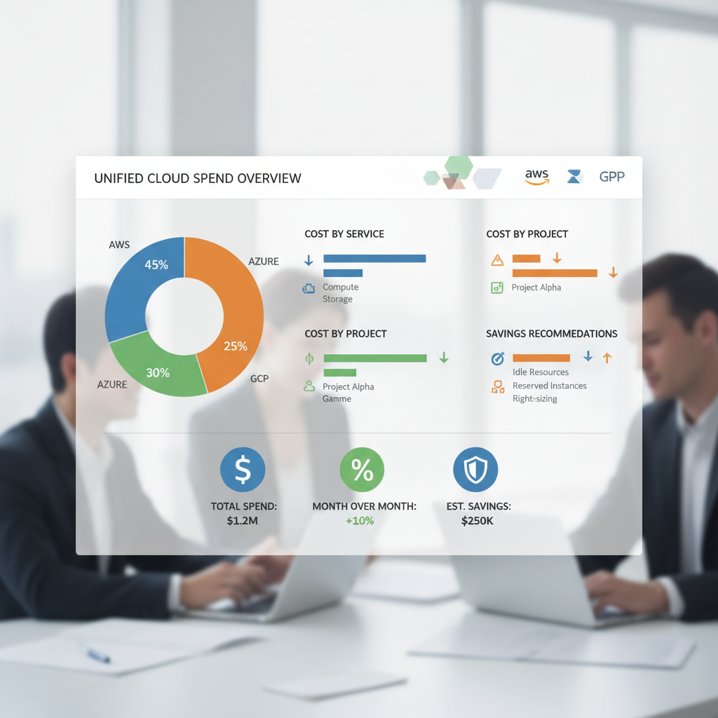 A dashboard screenshot showing a unified view of cloud spend across different providers (e.g., AWS, Azure, GCP) with cost breakdown by service, project, and recommendations for savings.