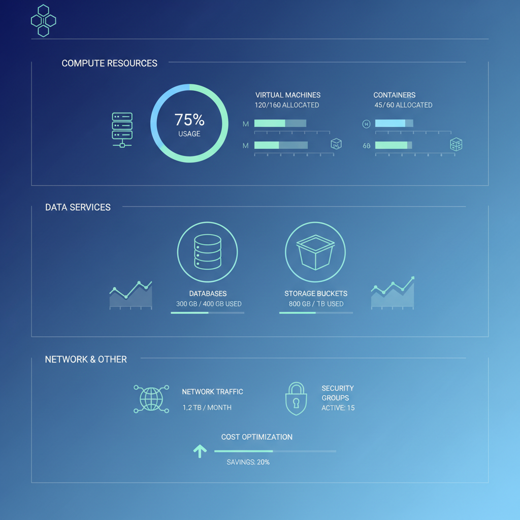 A dashboard showing various cloud resources like virtual machines, databases, and storage buckets, with metrics for usage and allocation, representing effective resource management.