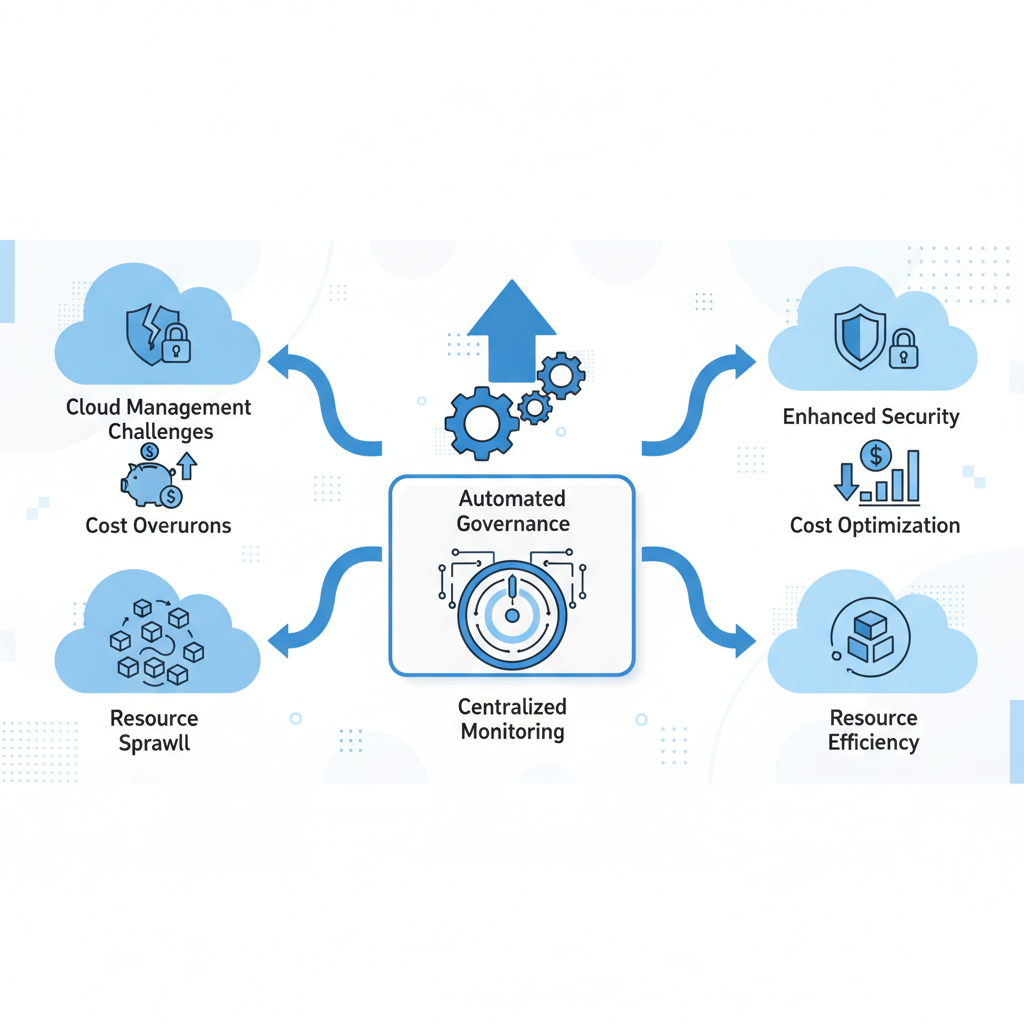 A conceptual diagram showing various cloud management challenges like security gaps, cost overruns, and resource sprawl, with arrows pointing towards solutions like automated governance and centralized monitoring.