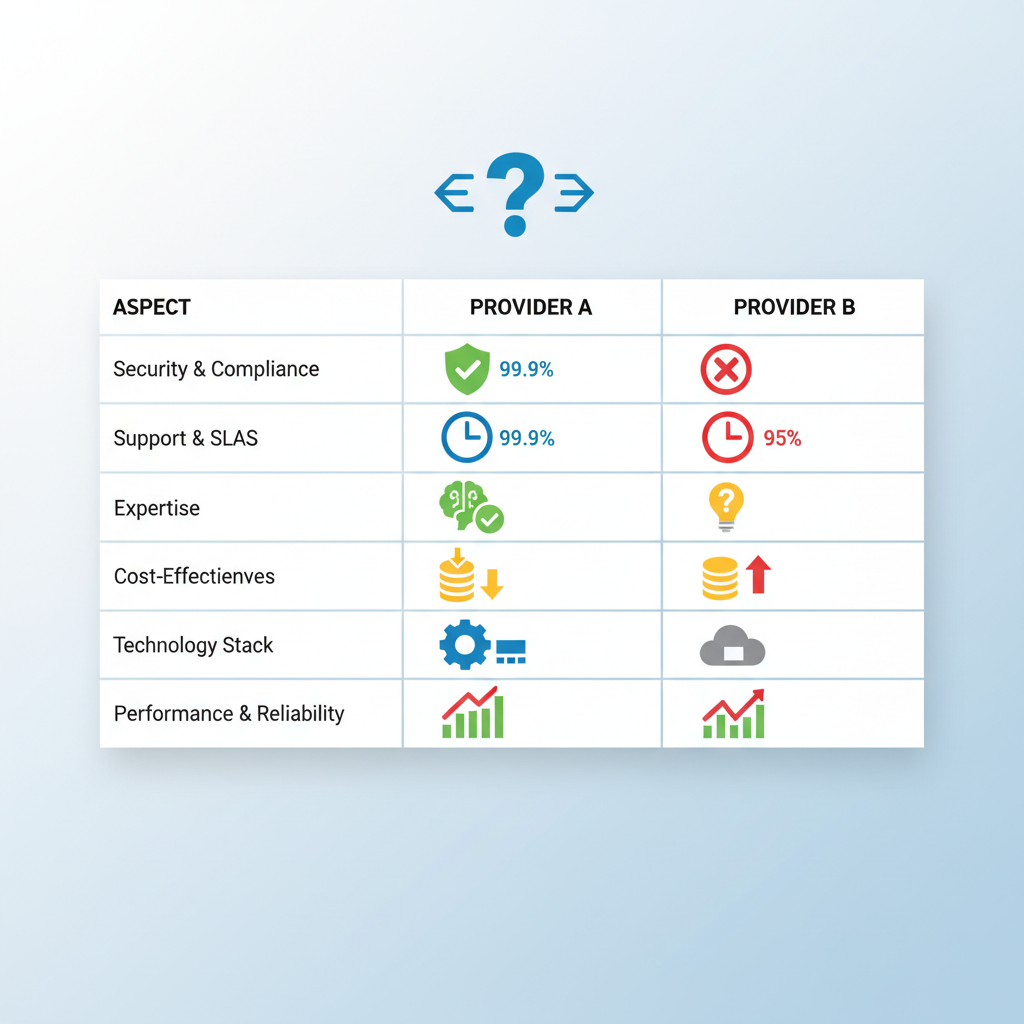 A comparative table outlining different aspects of evaluating managed cloud service providers, such as 