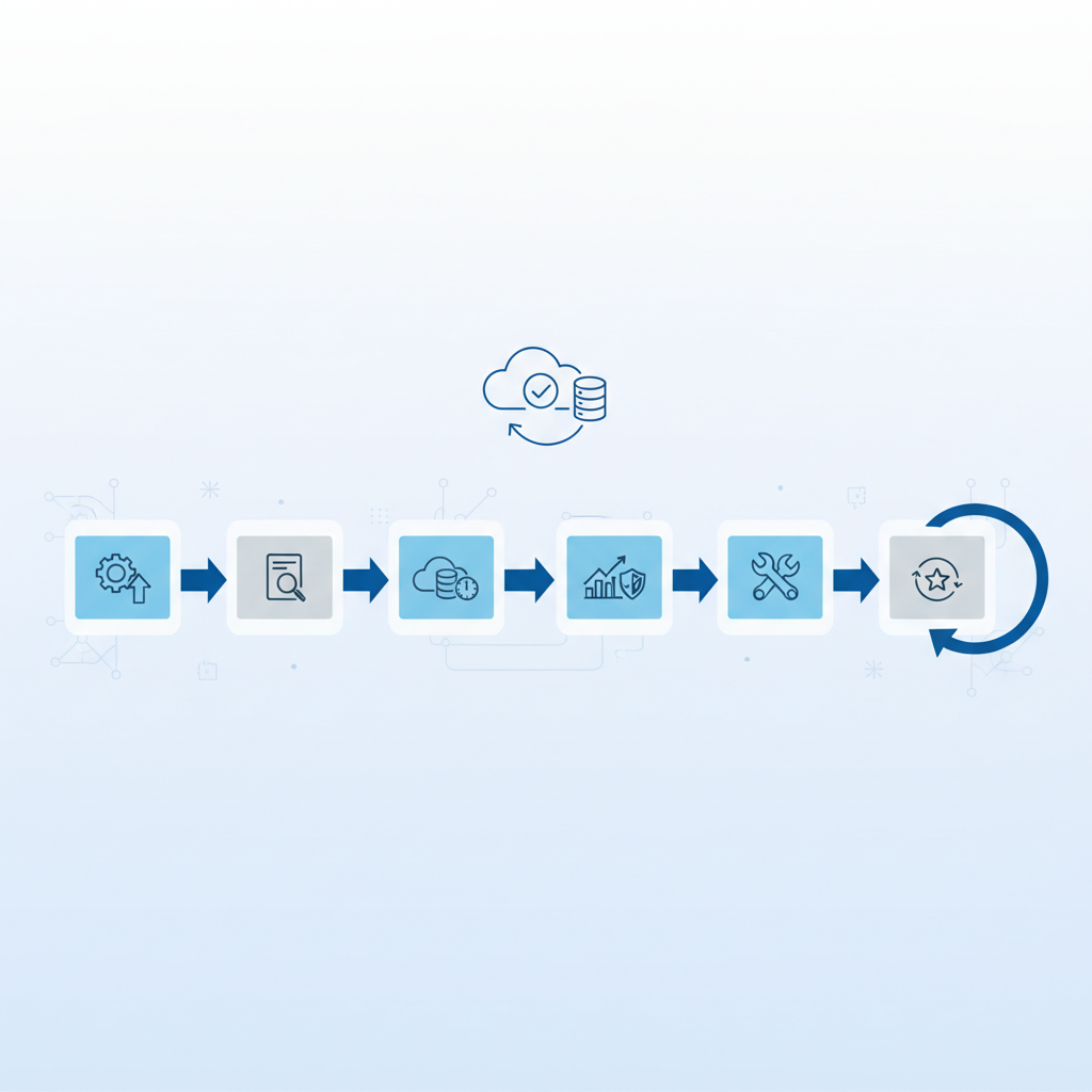 A flowchart illustrating the steps of implementing a database Cloud SLA monitoring strategy, from defining objectives to continuous improvement, with arrows indicating the flow.