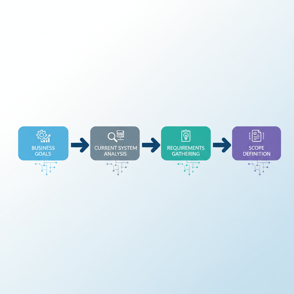 A flowchart showing the stages of defining a replatforming strategy, starting with business goals, moving to current system analysis, then requirements gathering, and finally scope definition, with arrows connecting each step.
