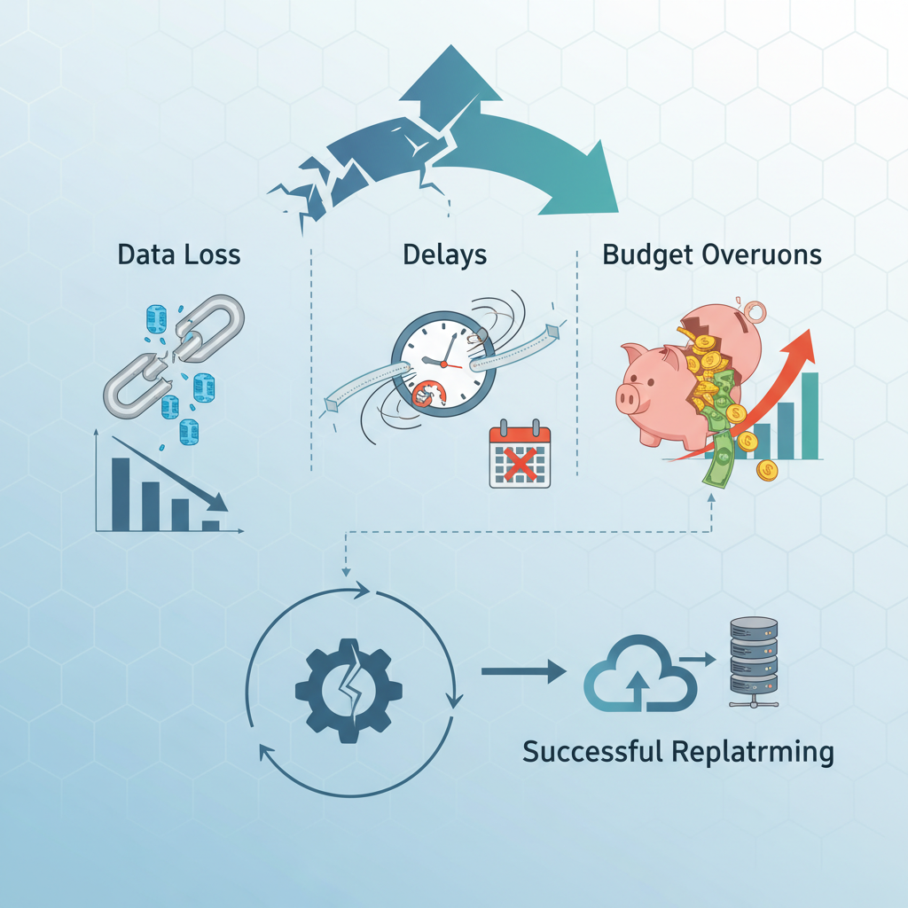 A visual representation of common risks in replatforming, such as a broken chain link for data loss, a clock for delays, and a piggy bank with money spilling out for budget overruns.