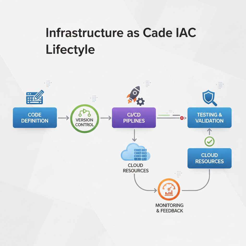 A flowchart illustrating the IaC lifecycle, showing steps from code definition to automated deployment and continuous monitoring, with icons representing version control, CI/CD pipelines, and cloud resources.