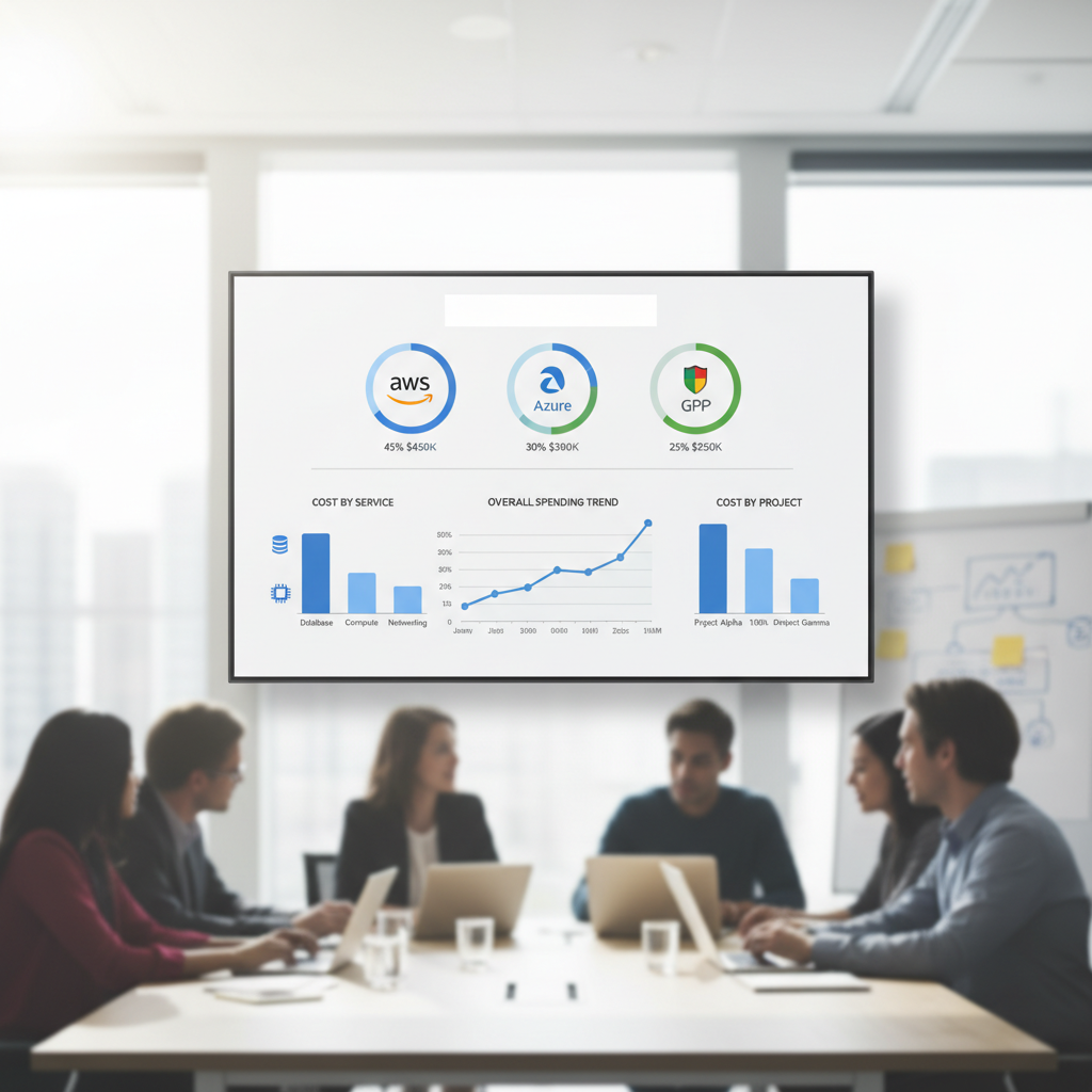 A dashboard displaying consolidated cloud spending across AWS, Azure, and GCP, showing cost breakdown by service and project, with a clear trend line for overall spending.