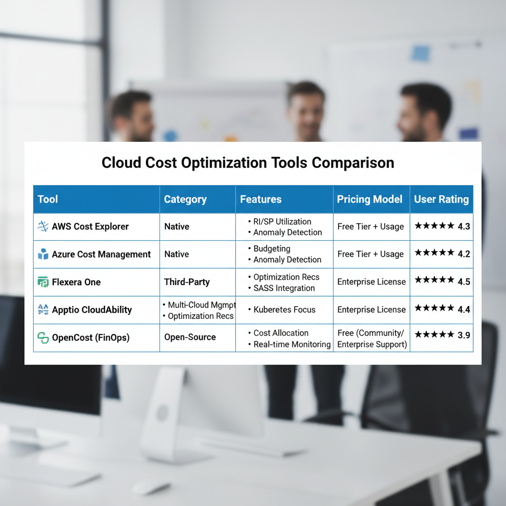 A comparative table showing features, pricing models, and average user ratings for several leading cloud cost optimization tools across different categories (e.g., native, third-party, open-source).