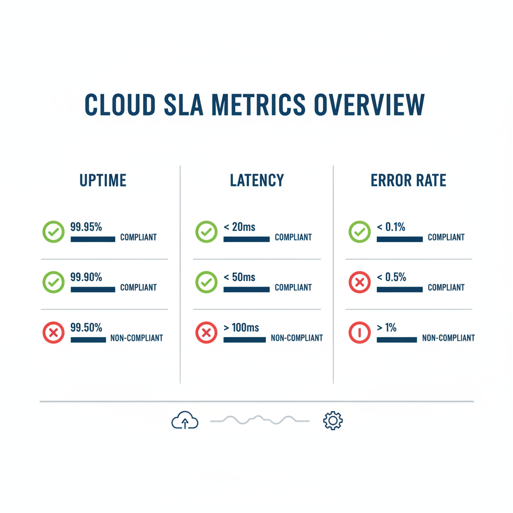 An infographic showing various cloud SLA metrics (uptime, latency, error rate) with green checkmarks and red crosses, illustrating compliance and non-compliance.