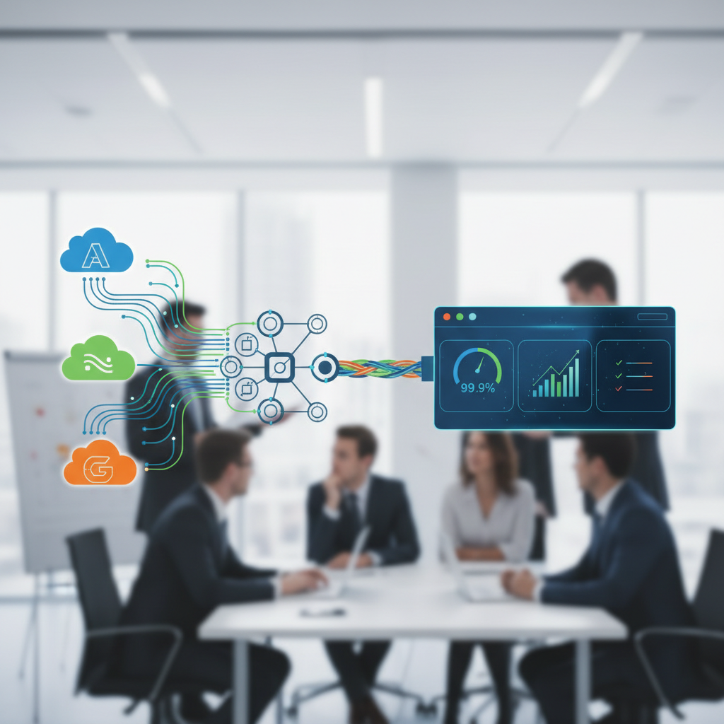 A complex network diagram illustrating data flow from multiple cloud providers (AWS, Azure, GCP) into a centralized monitoring dashboard, symbolizing multi-cloud SLA monitoring.