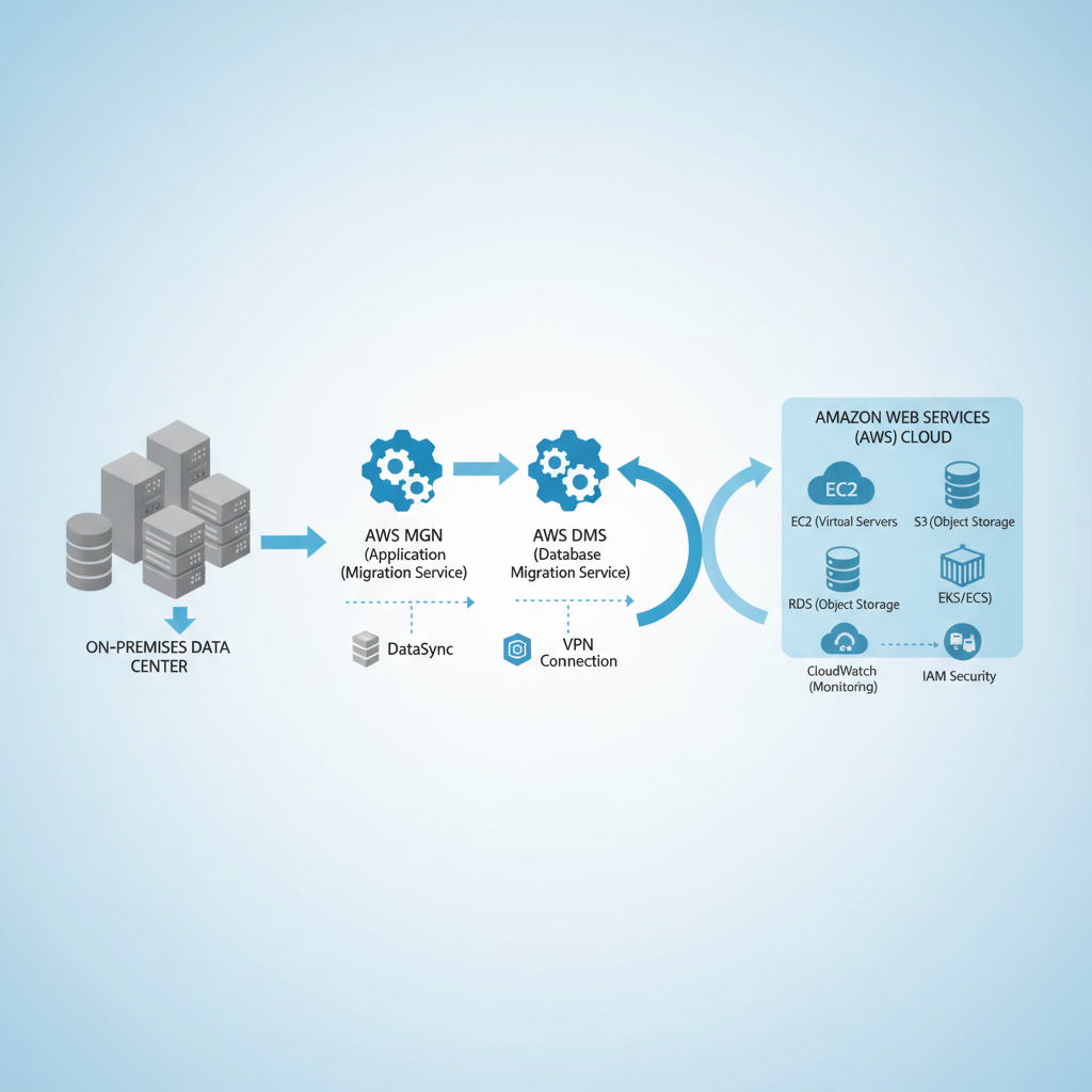 A diagram illustrating the AWS migration process, showing on-premises servers connecting via various AWS migration services like MGN and DMS to target AWS services such as EC2 and RDS.