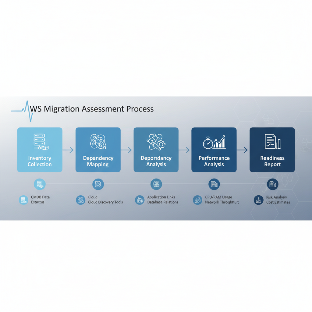 A flowchart illustrating the steps of an AWS migration assessment, starting from inventory collection, dependency mapping, performance analysis, and concluding with a readiness report.