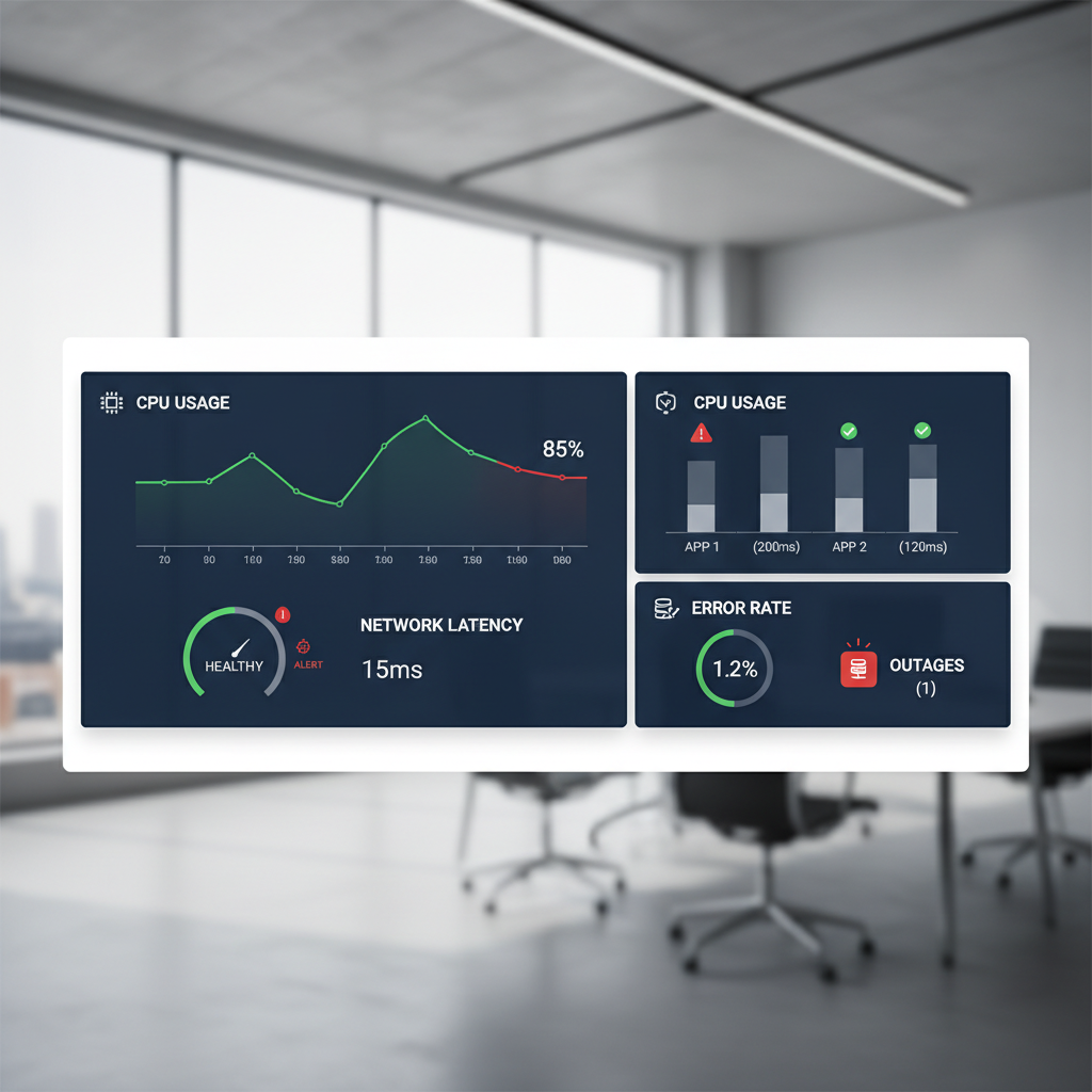 A dashboard displaying various real-time cloud performance metrics like CPU usage, network latency, and application response times with green and red indicators for health status.