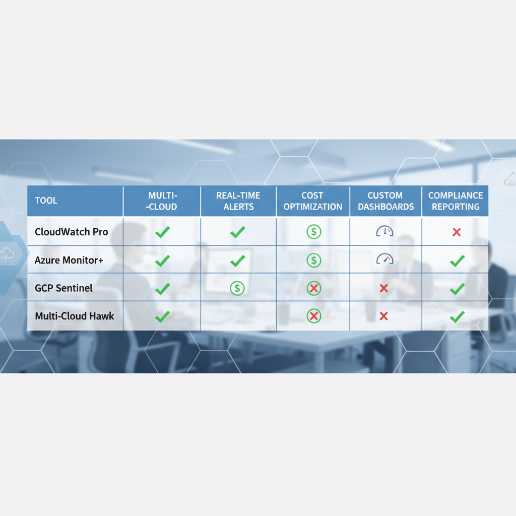 A comparative table or a feature matrix highlighting different Cloud SLA monitoring tools with checkmarks for various features like multi-cloud support, real-time alerts, and cost.
