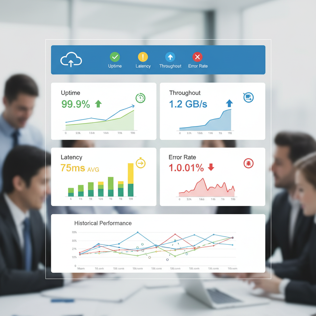 A dashboard displaying various cloud SLA monitoring metrics with graphs and charts for uptime, latency, throughput, and error rates, clearly showing status indicators.