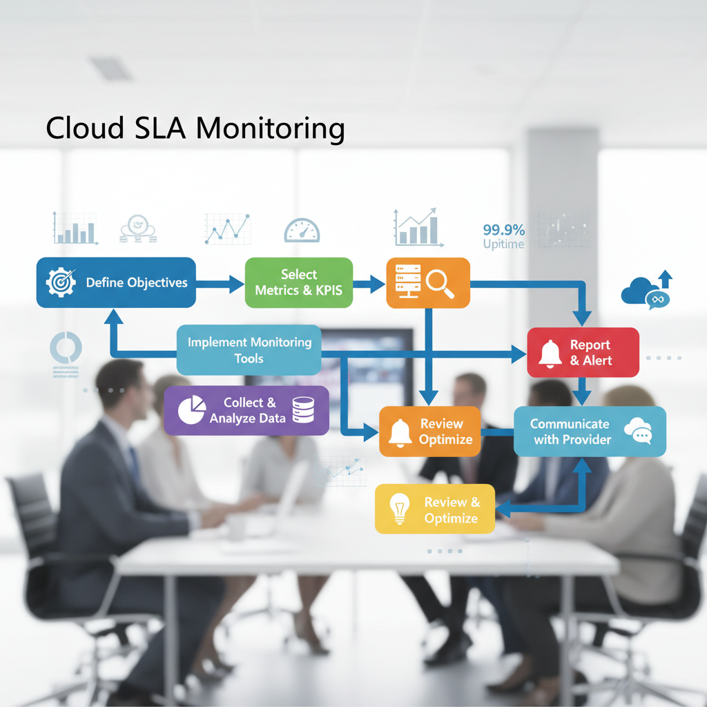 A flowchart illustrating the Cloud SLA monitoring process, from defining objectives to continuous optimization, with arrows indicating the flow between each step.