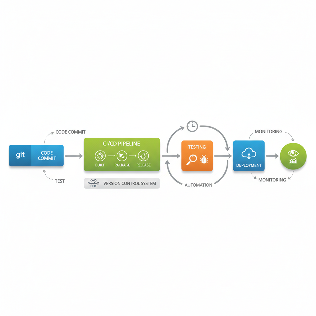 A flowchart showing the lifecycle of Infrastructure as Code management, starting from code commit, through CI/CD pipeline, testing, deployment, and monitoring, highlighting version control and automation.