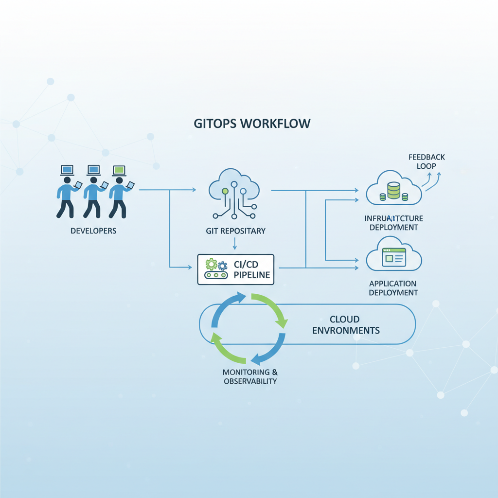 A diagram illustrating the concept of GitOps, showing developers committing code to a Git repository, which then triggers a CI/CD pipeline to deploy infrastructure and applications to cloud environments, with continuous feedback loops.