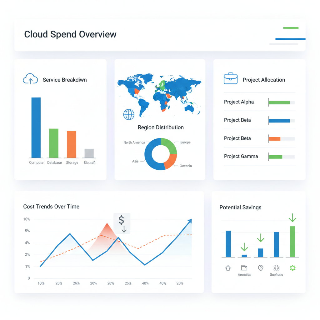 A dashboard displaying cloud spend breakdown by service, region, and project, showing graphs and tables with cost trends over time, highlighting areas of high expenditure and potential savings.