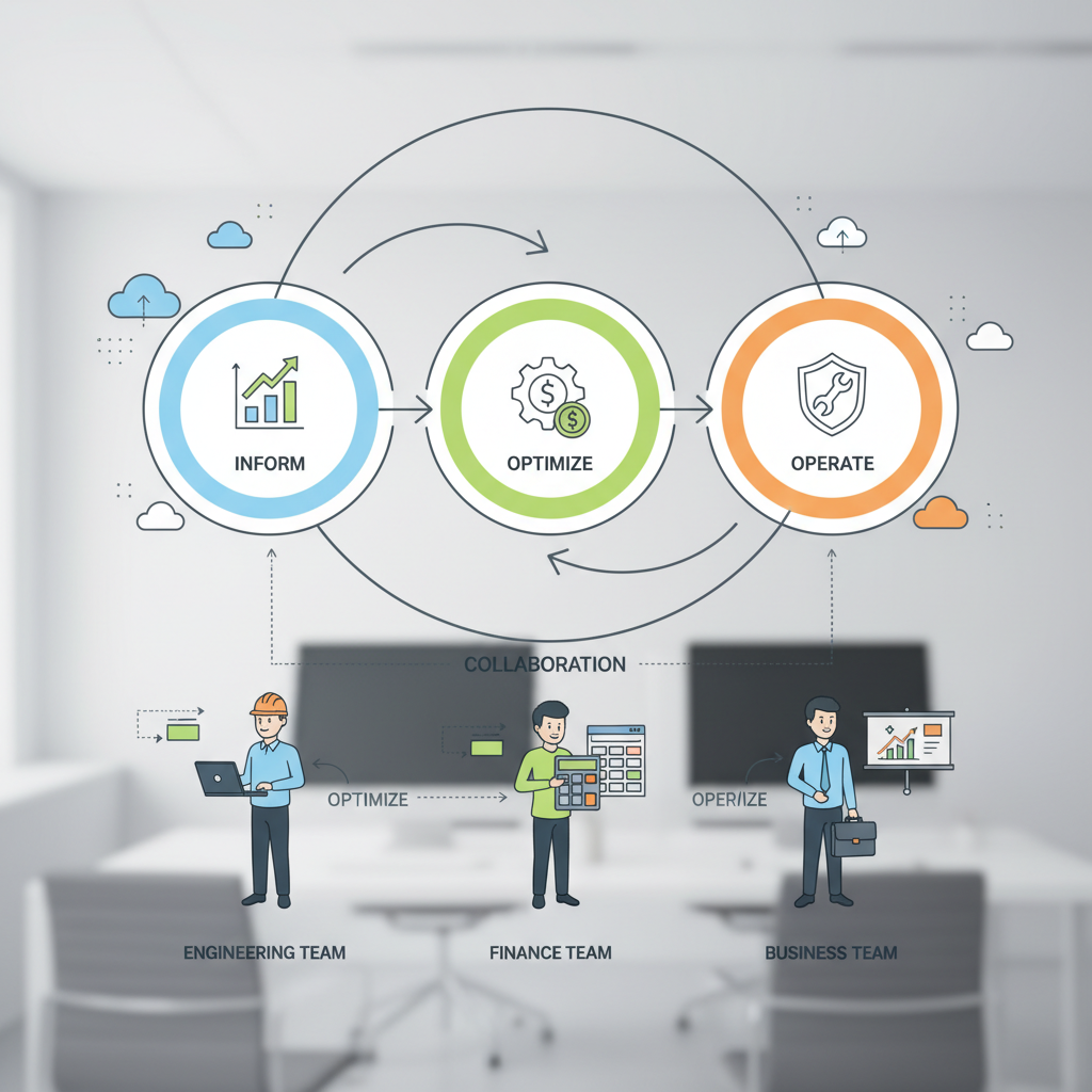 A flow chart illustrating the FinOps lifecycle, showing stages like 