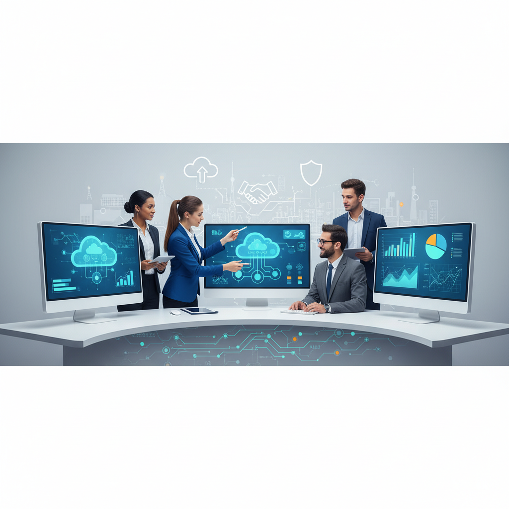 A modern, diverse IT support team in a collaborative office environment, looking at multiple screens displaying cloud architecture diagrams and data. One technician is pointing to a screen, explaining something to a client, signifying local expertise and personalized support.